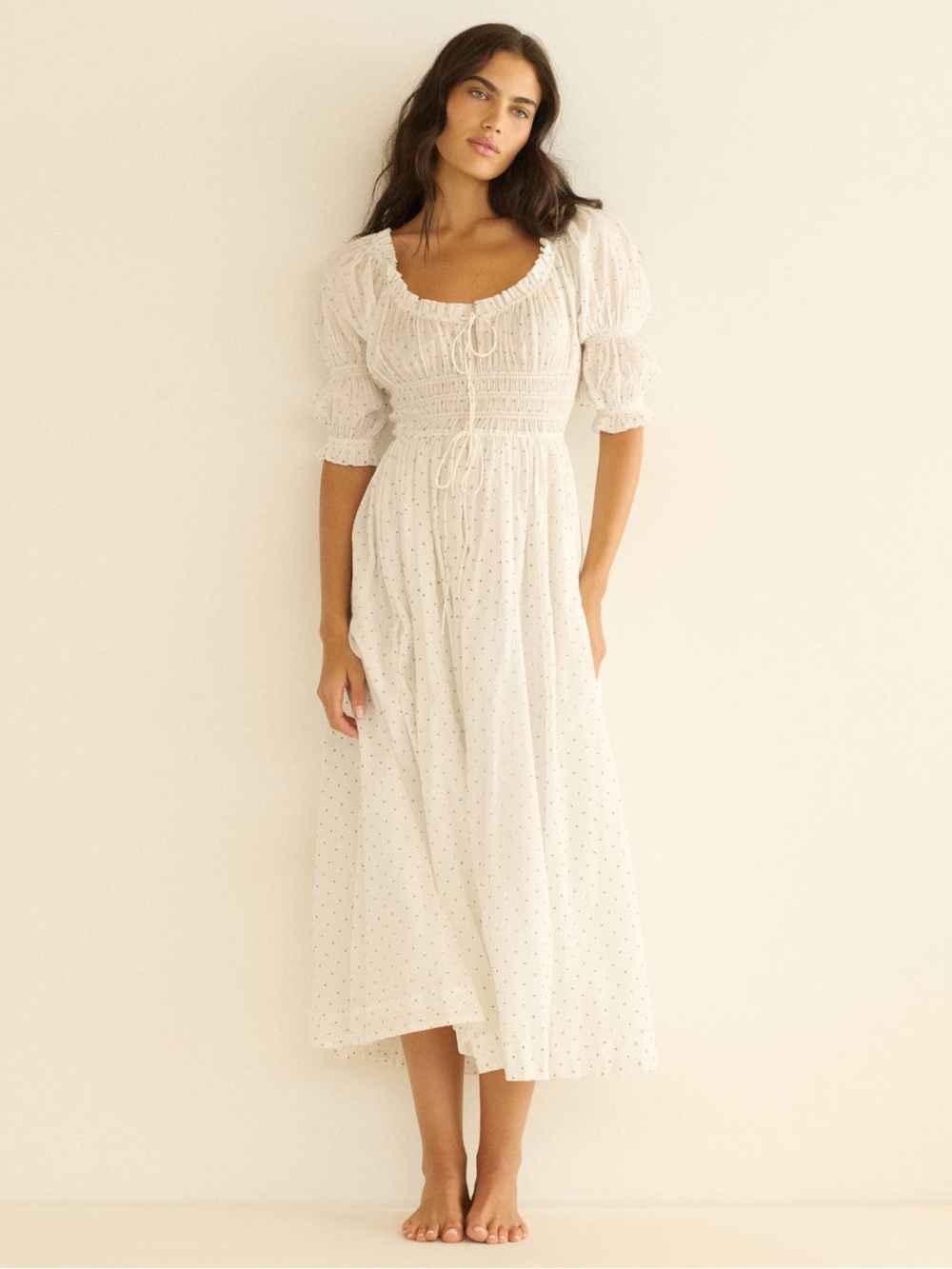 NWOT Doen Ischia Gathered Cotton Midi Dress in Salt Flock Dot, Size M